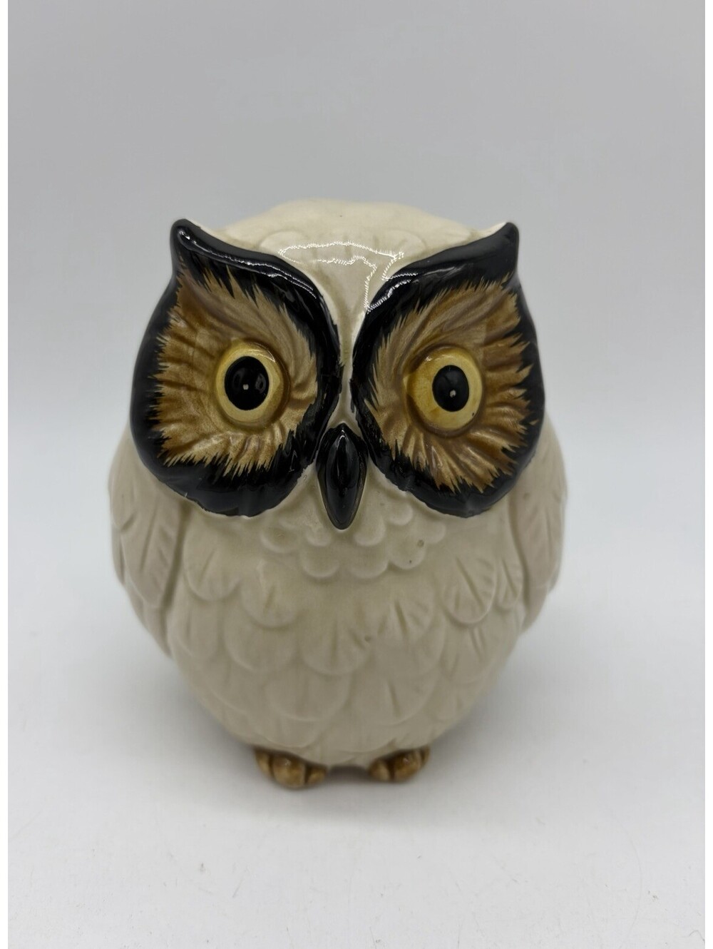Vintage 70s Otagiri Owl Piggy Money Bank Ceramic Hand Painted Beige Brown Nature